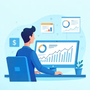 Illustration of a man analyzing financial growth charts."