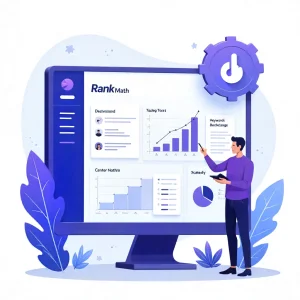 Illustration of a person using the Rank Math SEO plugin dashboard."