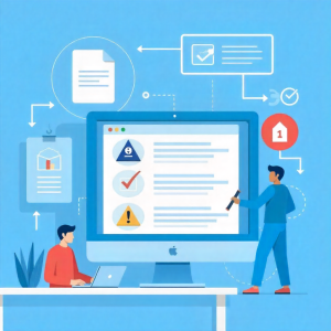 Illustration of people reviewing website security and optimization issues