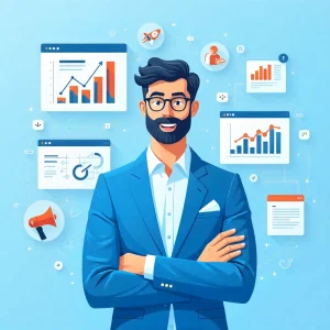 Illustration of a businessman surrounded by data and charts