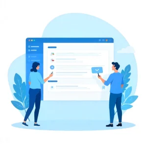 Illustration of two people reviewing a blank content template."