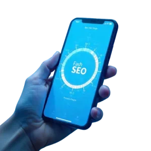 Hand holding a smartphone displaying a 'Mobile SEO' screen