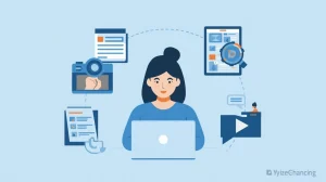 Illustration of a person blogging and using various content formats