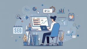 Illustration of a person working on SEO and website optimization