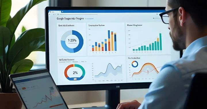 Digital marketer reviewing Google Ads extensions 2025 dashboard.”